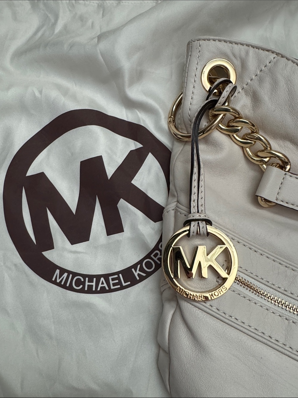 Michael Kors Off White Leather Purse Michael Kors Logo Charm with Gold Hardware